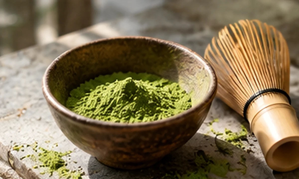 Fine green tea powder and bamboo whisk in a textured ceramic bowl