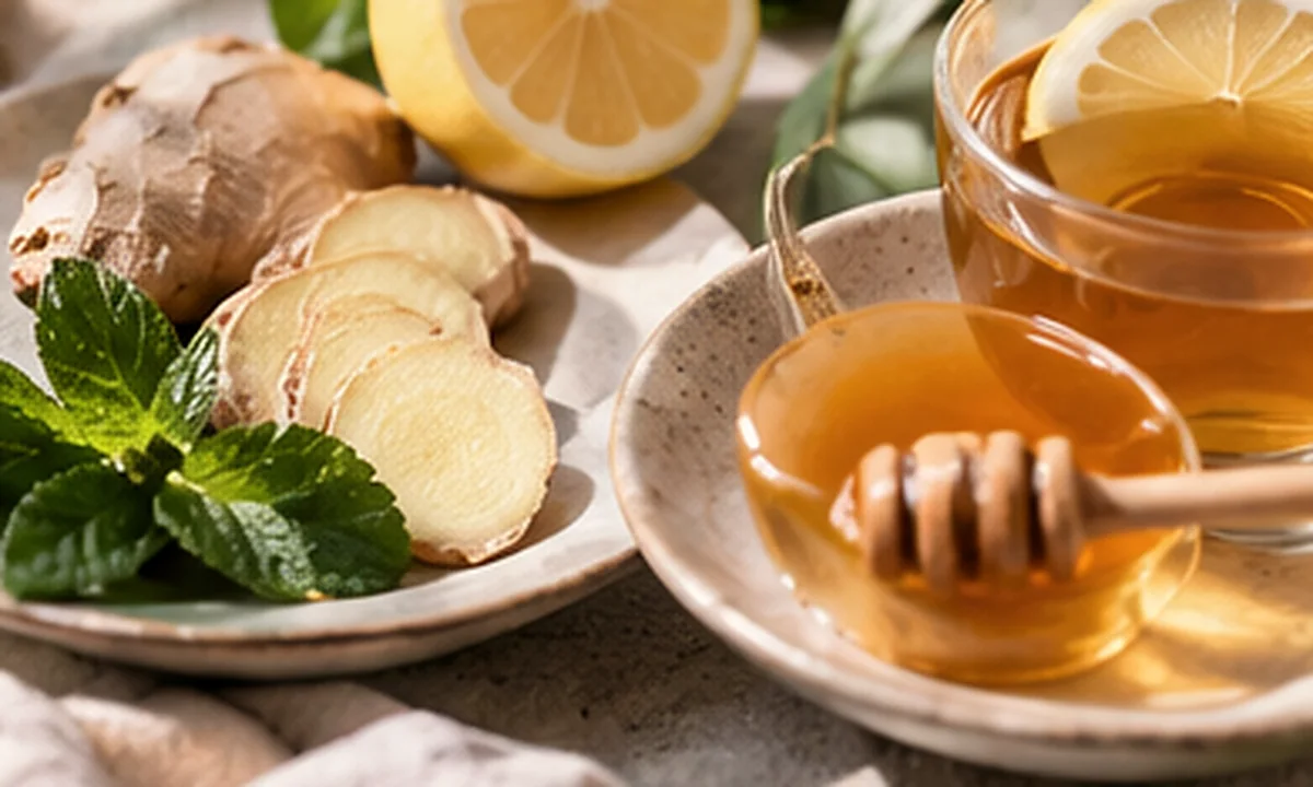 Ginger, lemon and honey beside warm amber tea in a glass cup