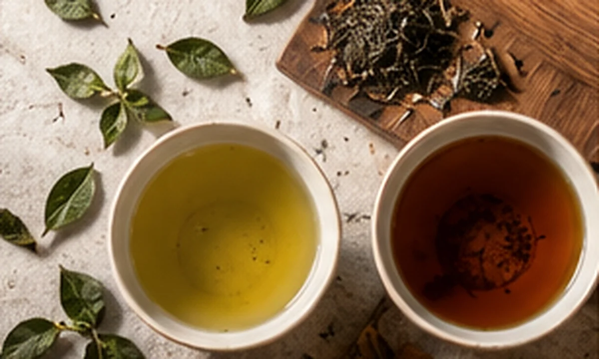 Pale green tea and deep amber black tea in two cups, surrounded by dried tea leaves
