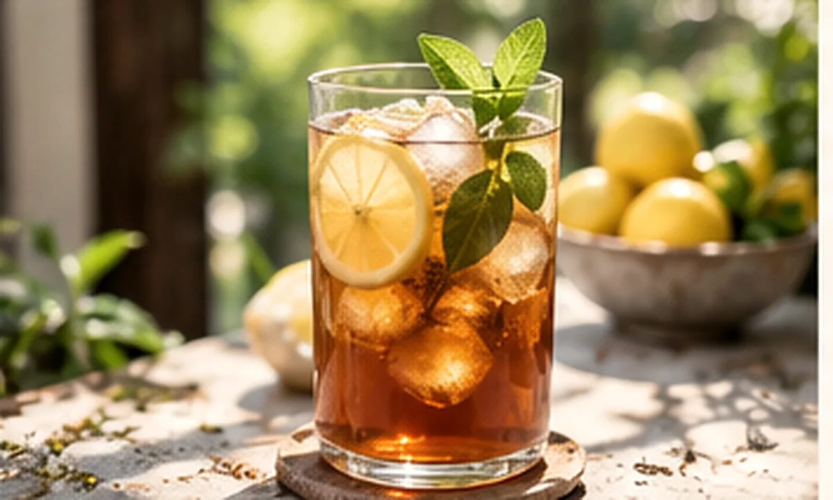 Tall amber iced tea with lemon, mint and ice cubes on a light wooden tabletop