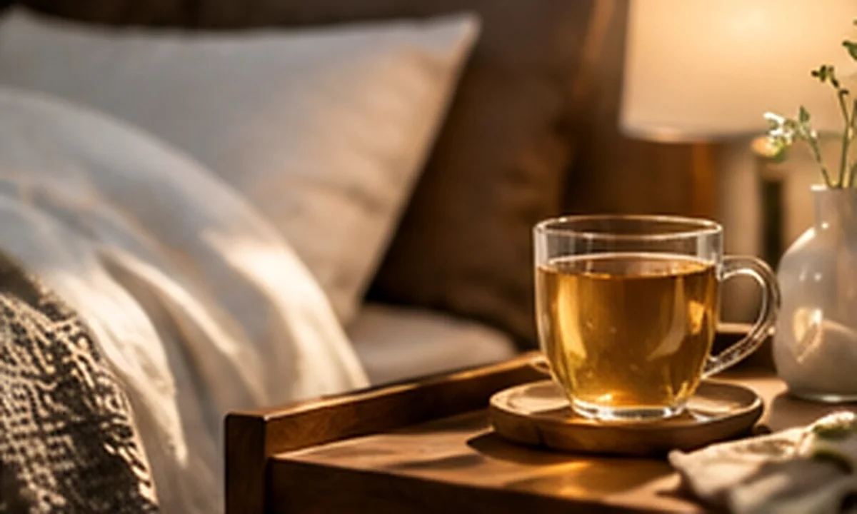 A steaming glass tea cup on a bedside tray with softly lit linens
