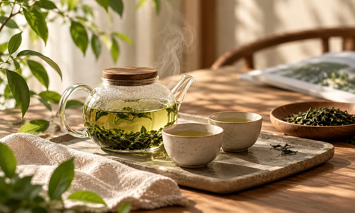 Clear glass teapot and ceramic cups with green tea beside loose tea leaves in warm natural light